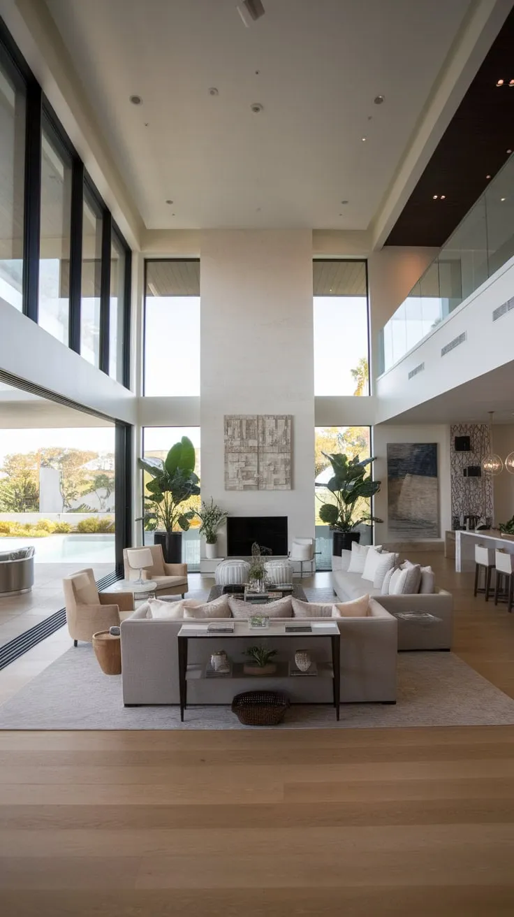 A modern luxury living room offers breathtaking ocean views, highlighted by a calming gray palette and stylish coastal accents.