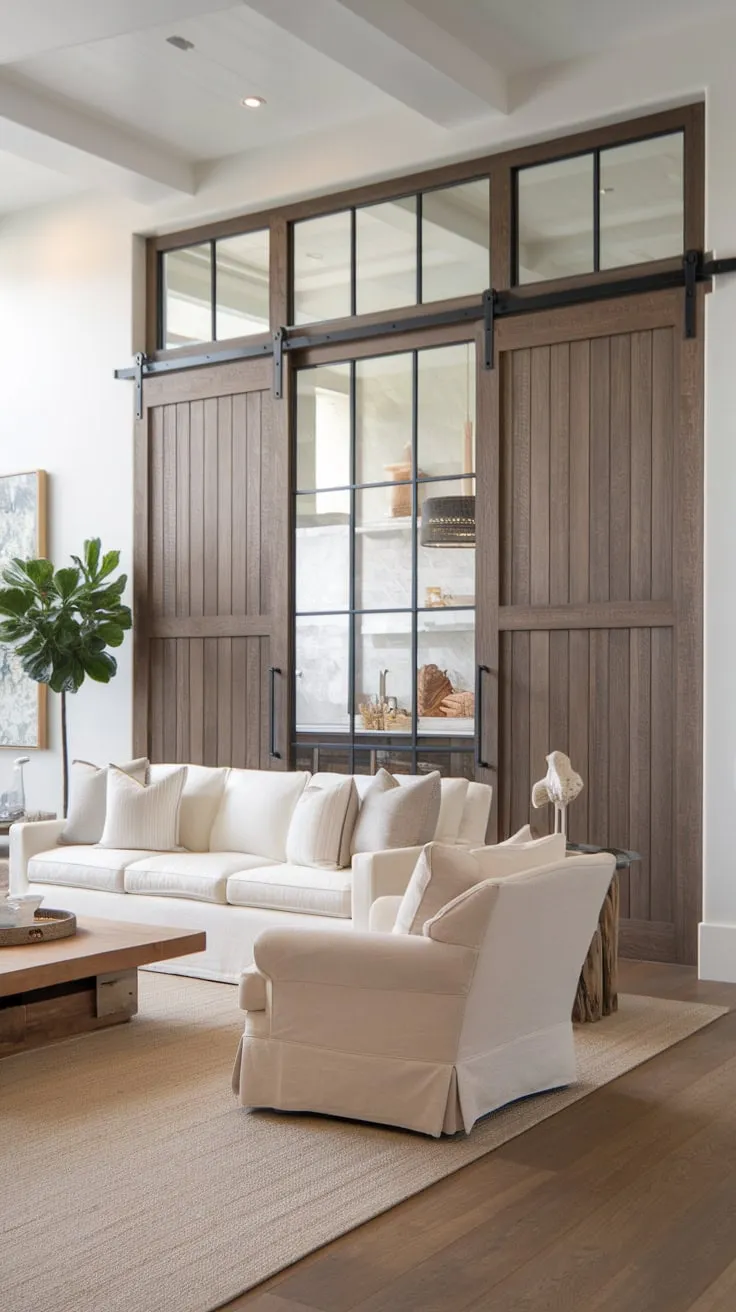 A sun-drenched coastal contemporary living room, blending Spanish and Santa Fe styles, offers luxurious family comfort with a barn door accent and calming neutral tones.