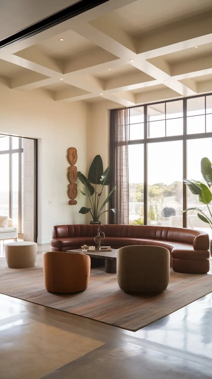 Warm tones and a curved sofa create a relaxed yet sophisticated coastal contemporary haven.