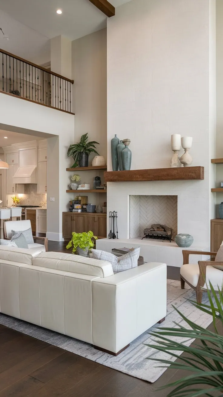 A spacious white-walled living room blends coastal contemporary, Spanish modern, and Santa Fe styles, anchored by a white stone fireplace and plush white leather seating.