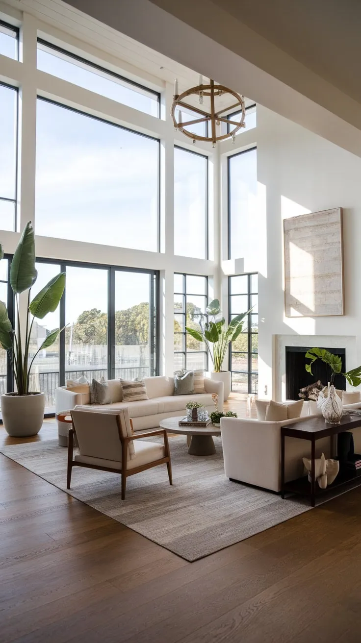 High ceilings and large windows bathe a luxurious living room in natural light, showcasing a sophisticated blend of Spanish modern and Santa Fe styles.