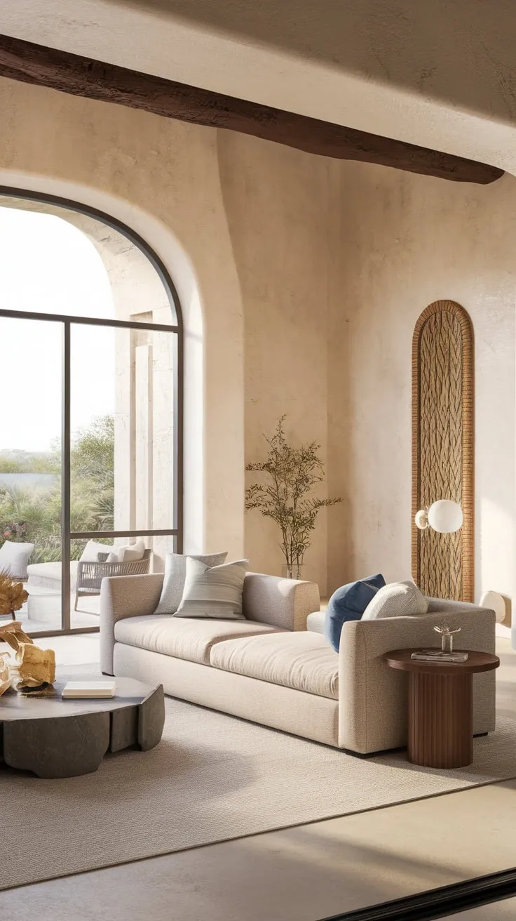 A sun-drenched Spanish-style great room blends organic modern and coastal contemporary design for luxurious comfort.