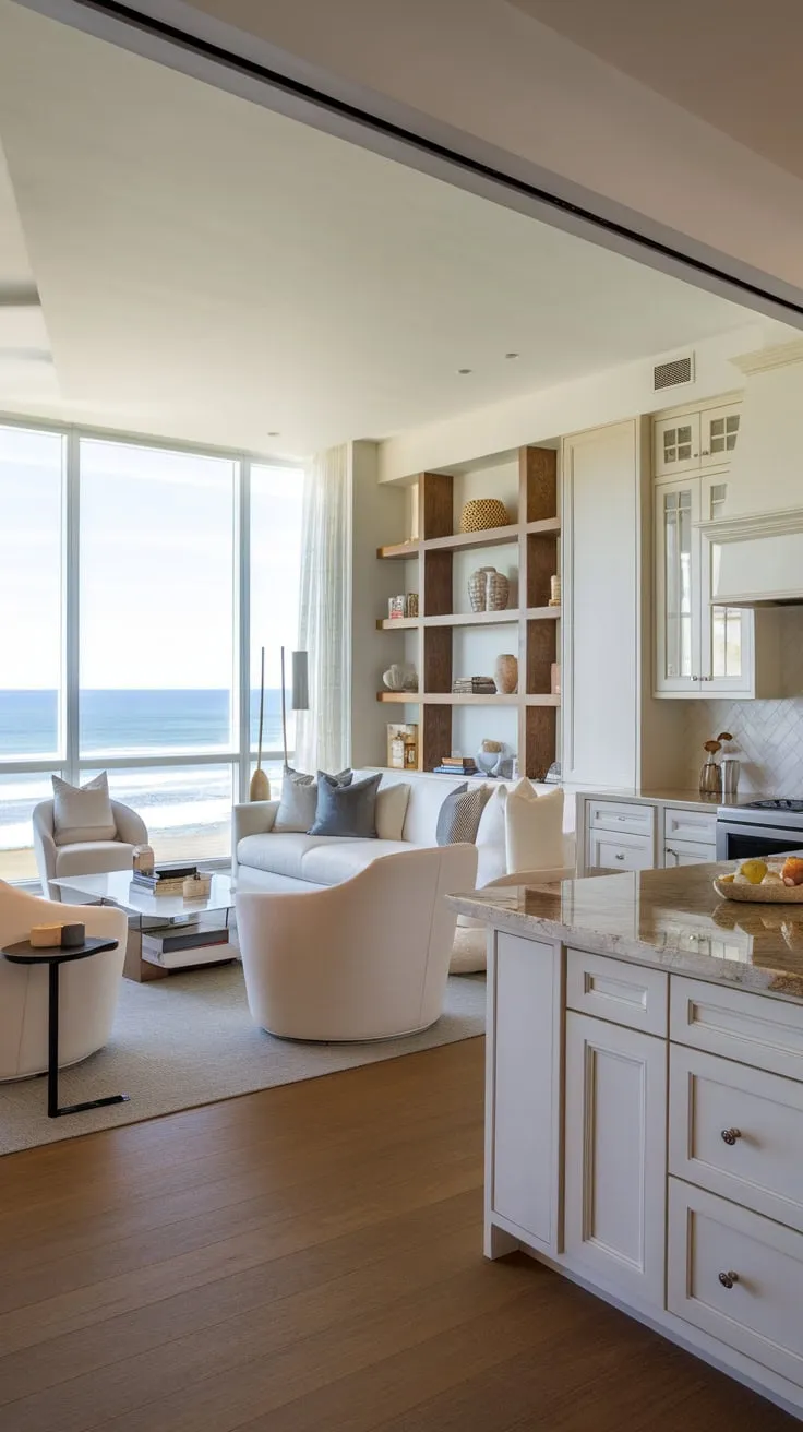A white sofa, wood floors, and a stunning ocean vista create a sophisticated Santa Fe-style modern luxury living space.