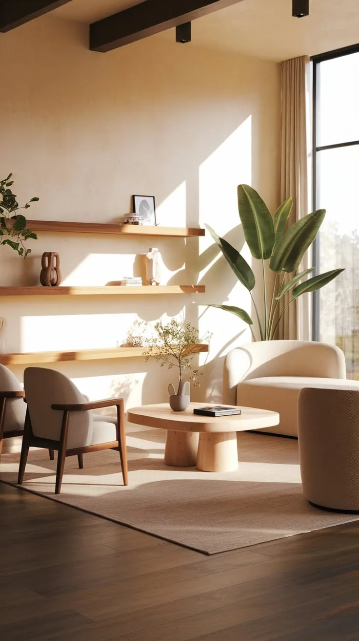 Sunlight streams into a luxurious Spanish-style living room, highlighting a white sofa and warm wooden floors amidst stylish décor.