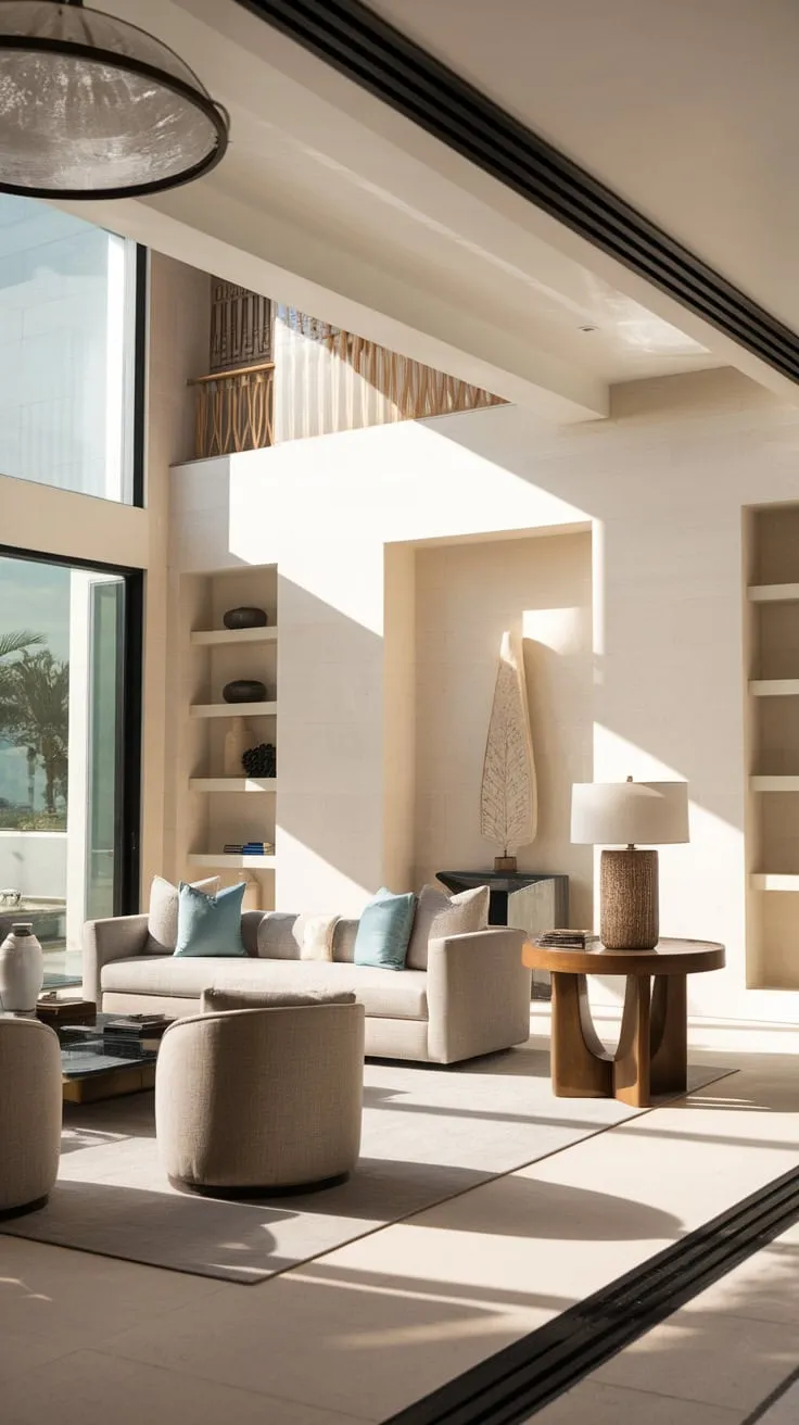 Sun-drenched, high-ceilinged luxury defines this coastal contemporary living room, blending Spanish modern and Santa Fe styles.