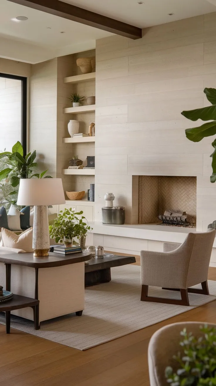 Warm wood floors and a built-in fireplace anchor plush seating and built-in shelving in this luxurious coastal-modern living space.