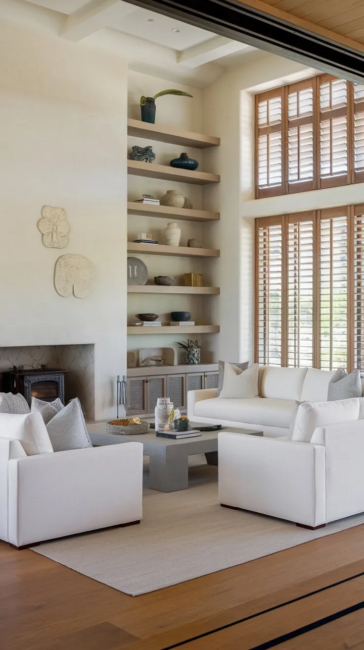 A sun-drenched coastal-inspired living room blends Santa Fe charm with organic modern design, featuring white sofas, a wood-burning stove, and built-in shelving for luxurious family living