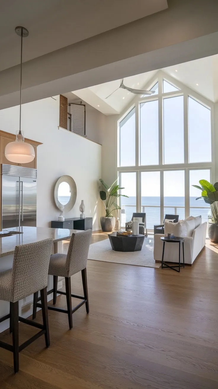 Ocean views and high ceilings define this luxurious coastal living room's airy, modern elegance