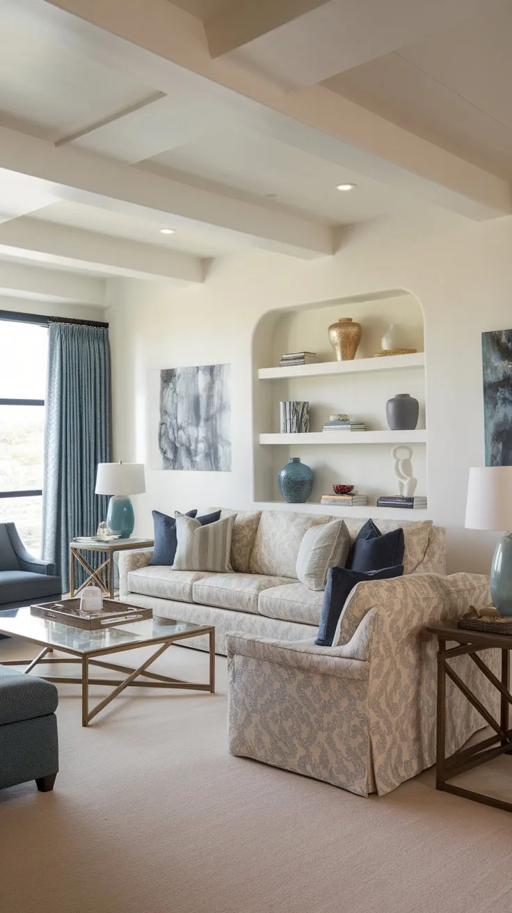 A serene, sun-drenched living room blends modern luxury with organic textures and a coastal-Santa Fe aesthetic.