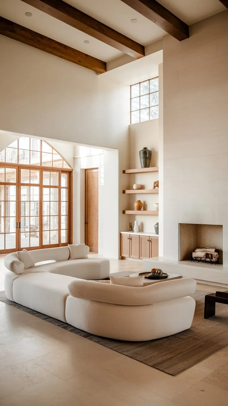Warm lighting illuminates a spacious, high-ceilinged living room blending Spanish Modern and Santa Fe styles, featuring a plush white sofa and a calming fireplace against a backdrop of built-in shelving and large windows
