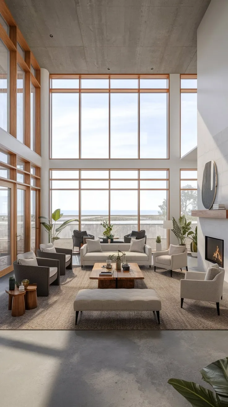 High ceilings, expansive windows, and diverse seating arrangements define this coastal contemporary luxury living room's modern elegance