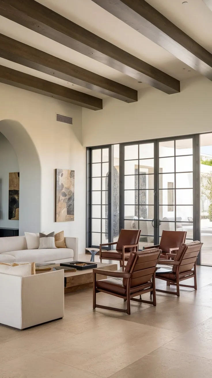 A luxurious Spanish modern living room boasts high ceilings, rich wood accents, and a bright, airy atmosphere perfect for relaxation and entertaining.