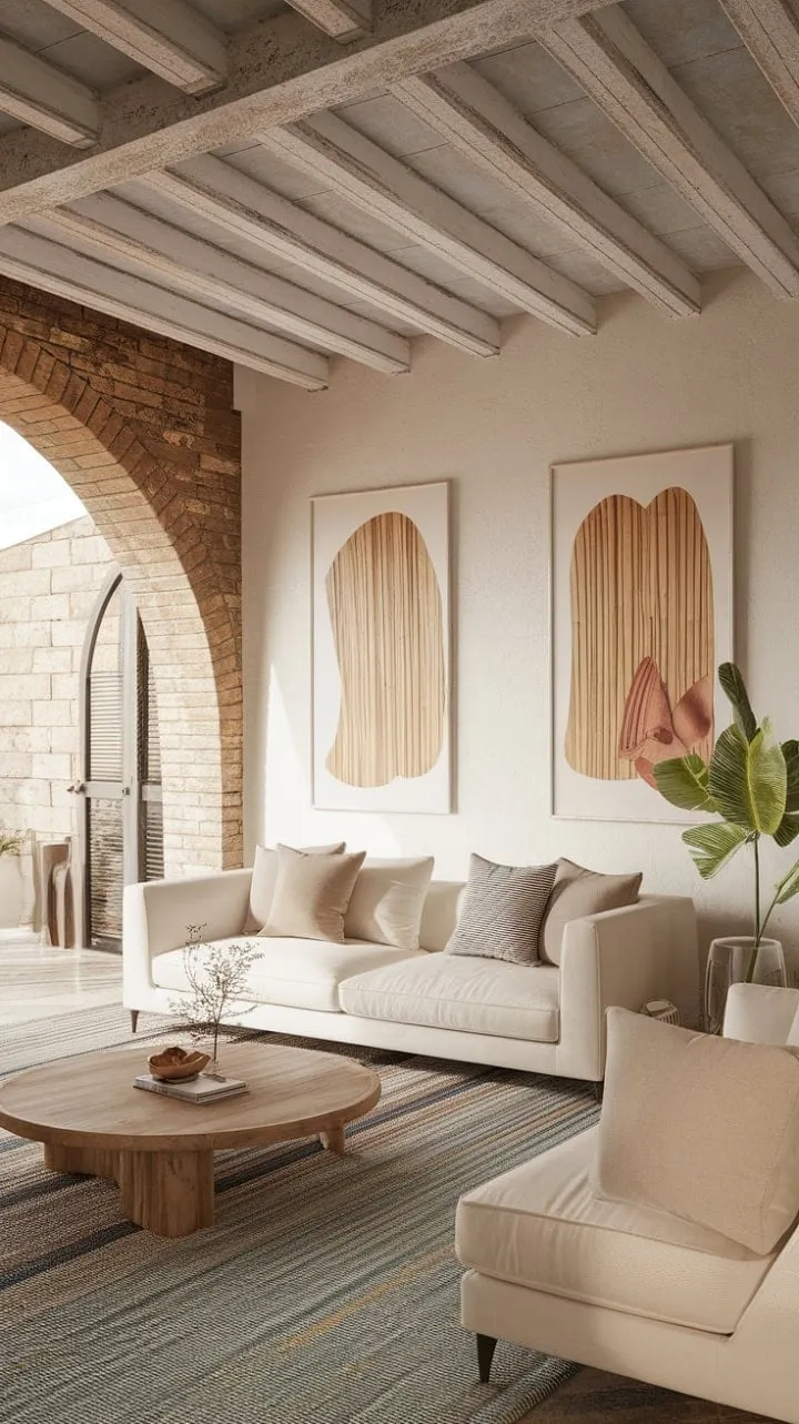 Bathed in sunlight, this Mallorca-inspired living room seamlessly merges Mediterranean and French Caribbean styles with minimalist charm and subtle industrial touches for a uniquely tranquil escape.