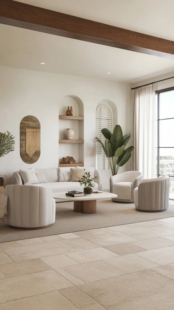 This Mediterranean living room harmoniously combines modern design and relaxed comfort, bathed in natural light and adorned with a soothing color palette.