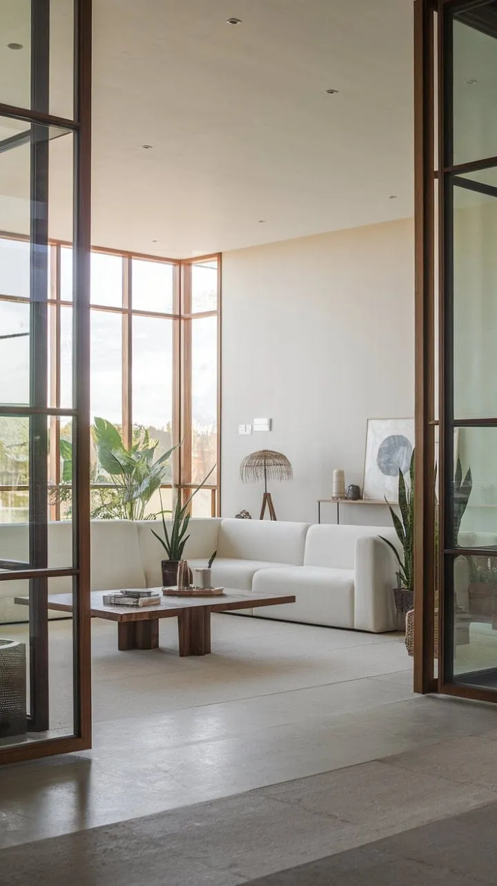 This serene Mediterranean-inspired living space harmoniously blends simplicity and elegance, showcasing a bright, airy atmosphere enriched by natural light and thoughtful greenery.