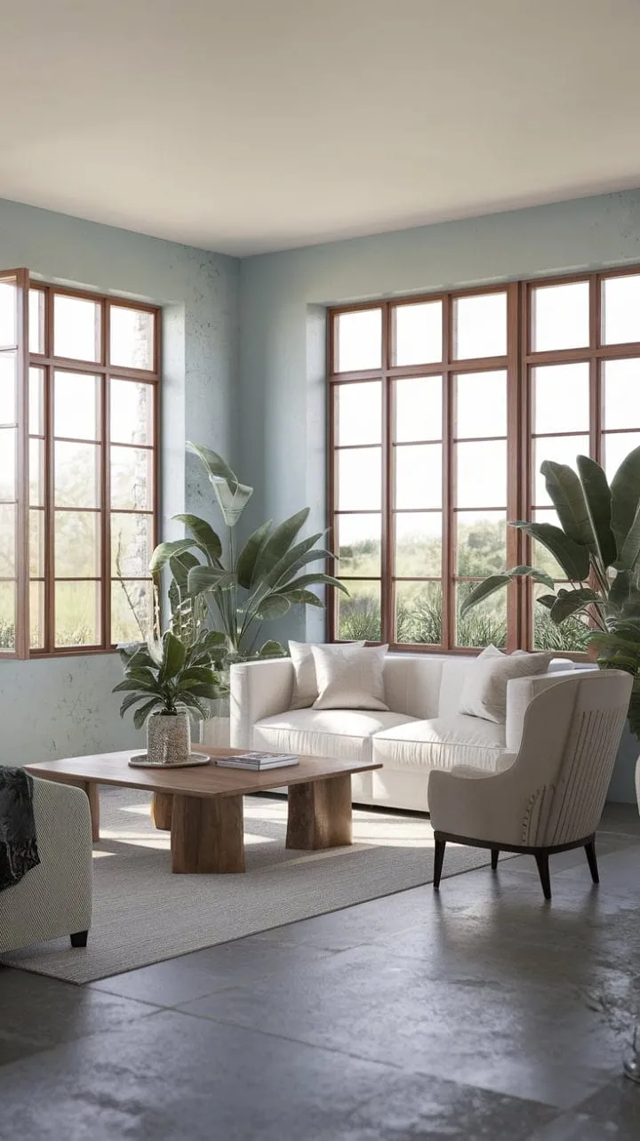 This breathtaking living room beautifully blends modern Mediterranean architecture with French Caribbean charm, featuring pale blue walls, a cozy white sofa, and stunning views that invite relaxation.