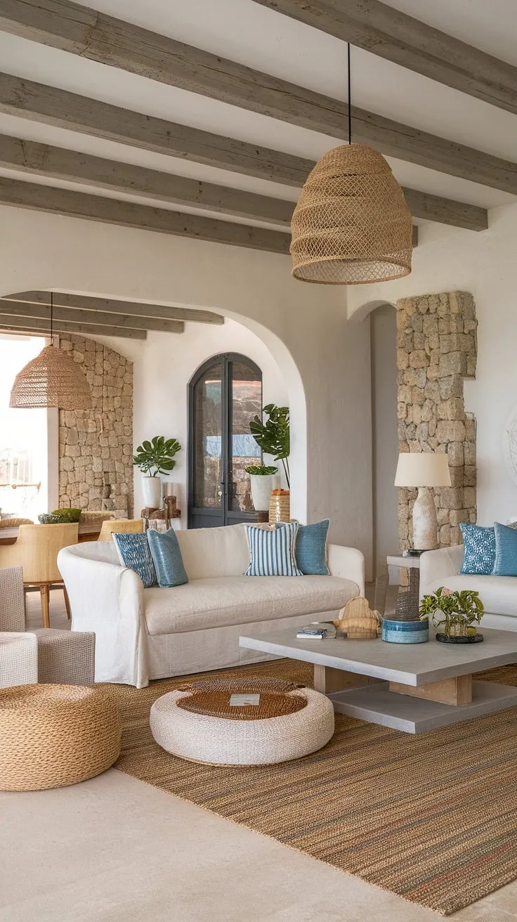 A minimalist Mediterranean living room incorporates influences from Mallorca, Southern France, the Caribbean, and industrial design to create a unique beach house atmosphere.