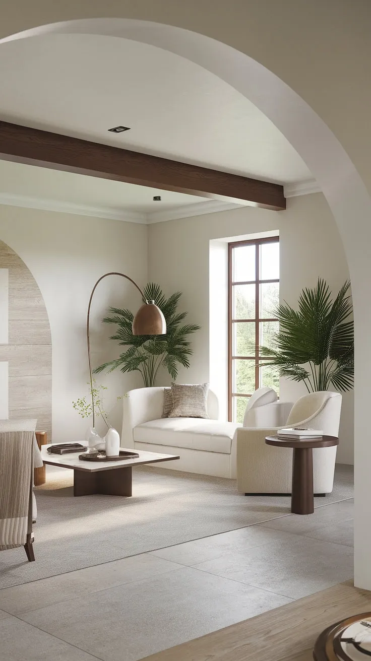 Sunlight streams into a bright, airy modern Mediterranean living room, showcasing clean lines and natural elements.