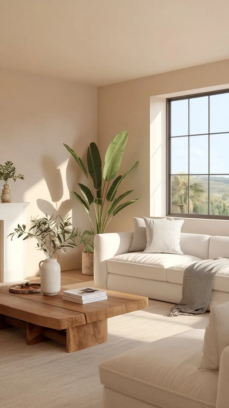 A minimalist Mallorca-inspired living room bathes in natural light, showcasing a serene Mediterranean aesthetic.