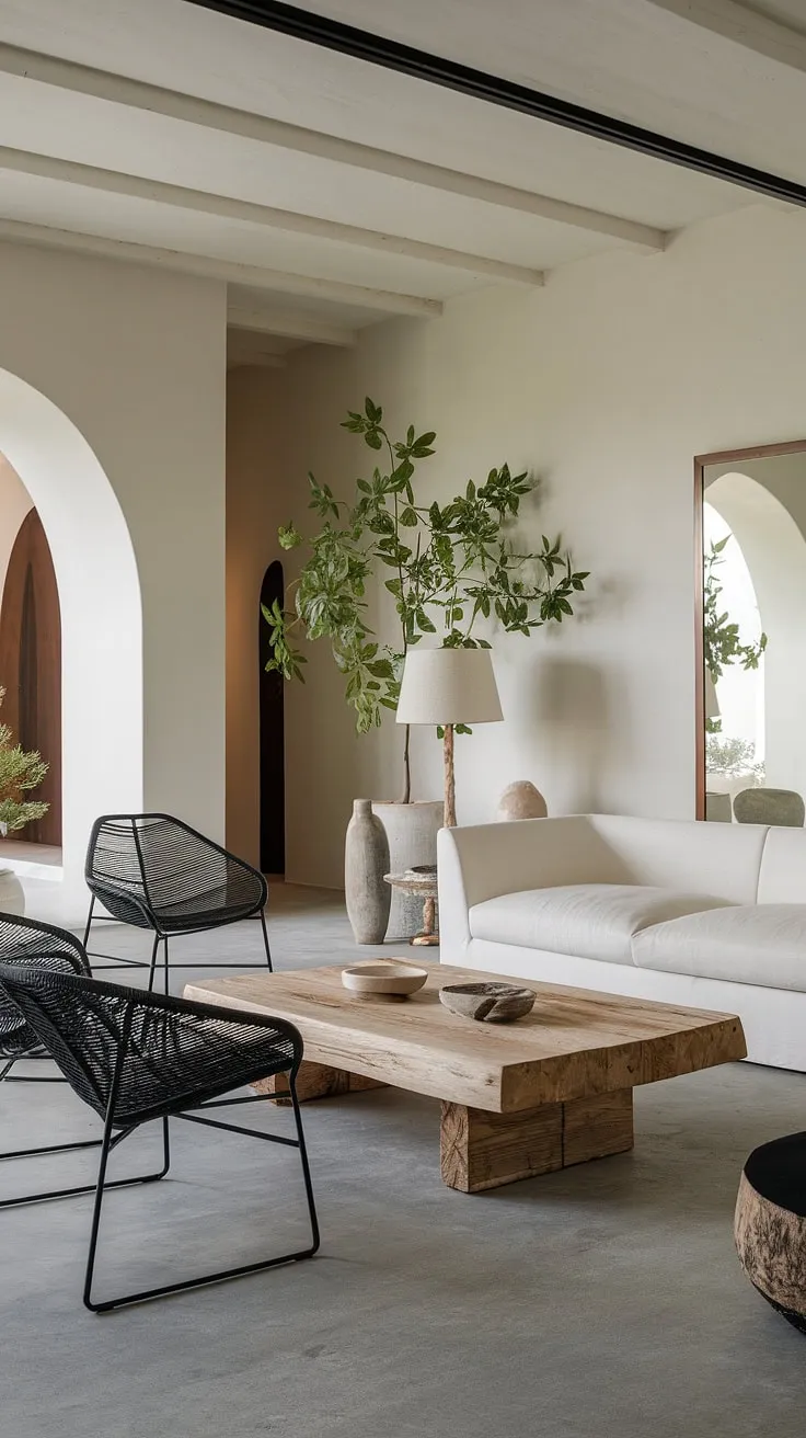 A white sofa and black chairs define the airy, modern Mediterranean living space, complemented by a concrete floor and greenery.