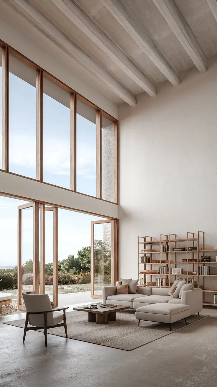 Mallorcan sunlight streams into a minimalist, rustic-chic Mediterranean living room with high ceilings and expansive views.