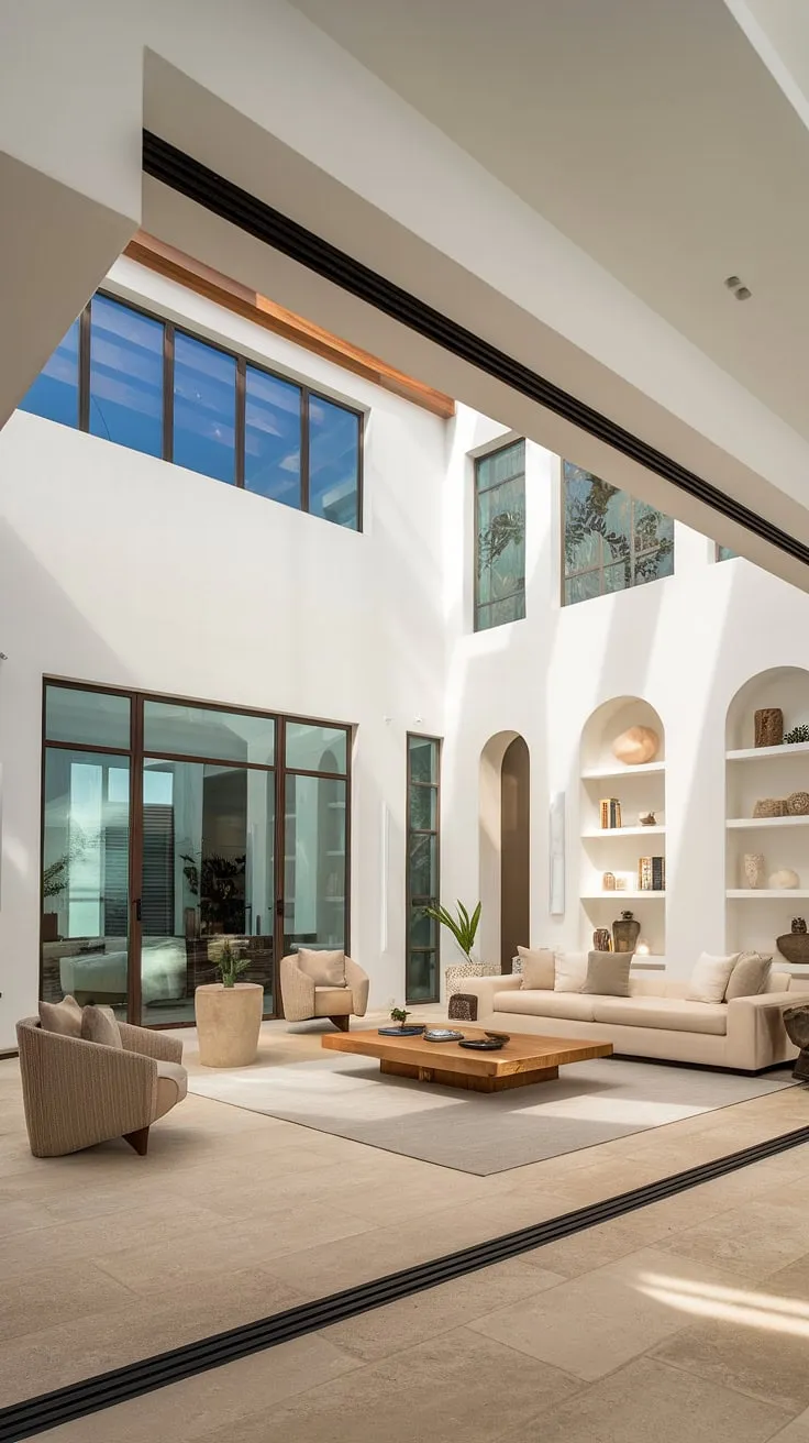 Sunlight floods a spacious modern Mediterranean living room, its airy white and beige palette accented by warm wood and large tile floors.