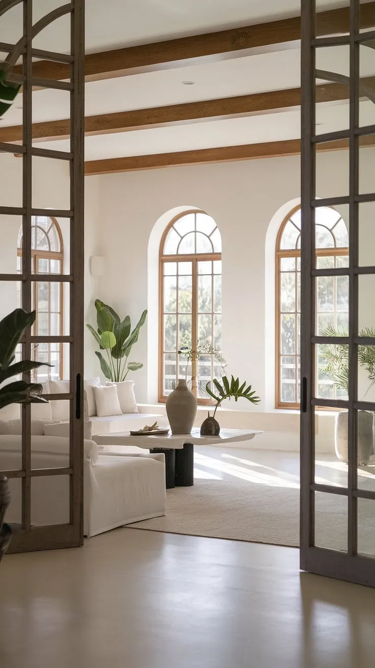 Sunlight floods a minimalist white living room in a modern Mediterranean home, accented by wooden beams, natural elements, and subtle French Caribbean touches.