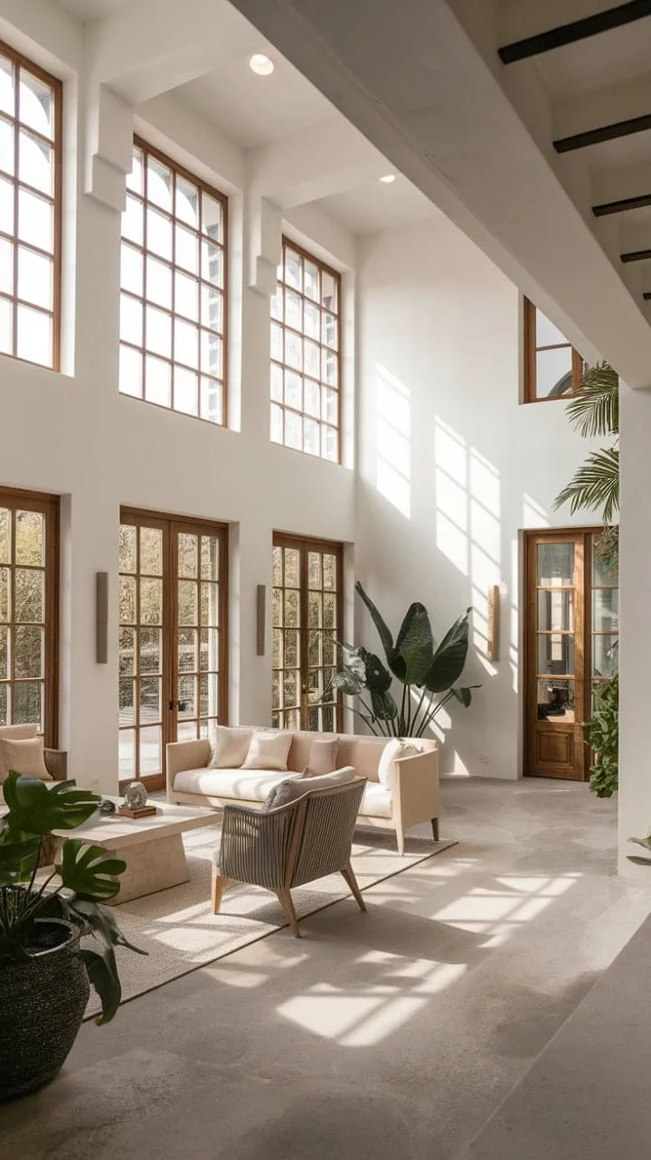 This serene Mediterranean living room harmoniously fuses minimalist elegance with French Caribbean warmth, illuminated by natural light and enlivened by potted plants.