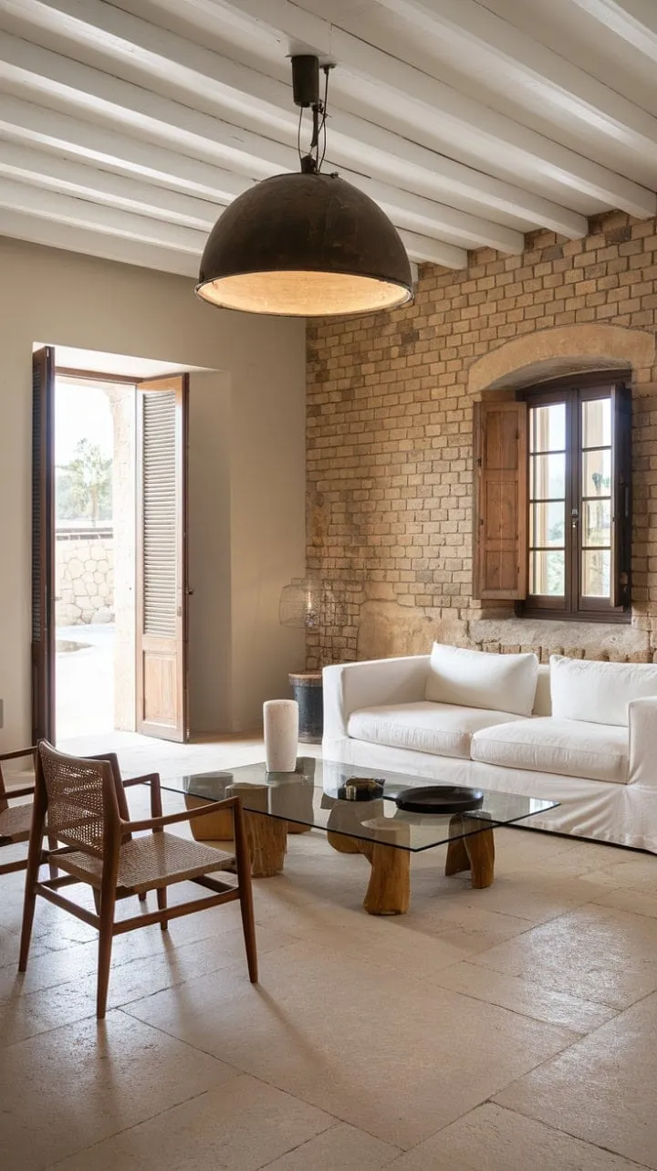 Sunlight dances through wooden shutters, casting dramatic shadows in a modern Mediterranean living room that beautifully marries rustic charm with contemporary elegance.