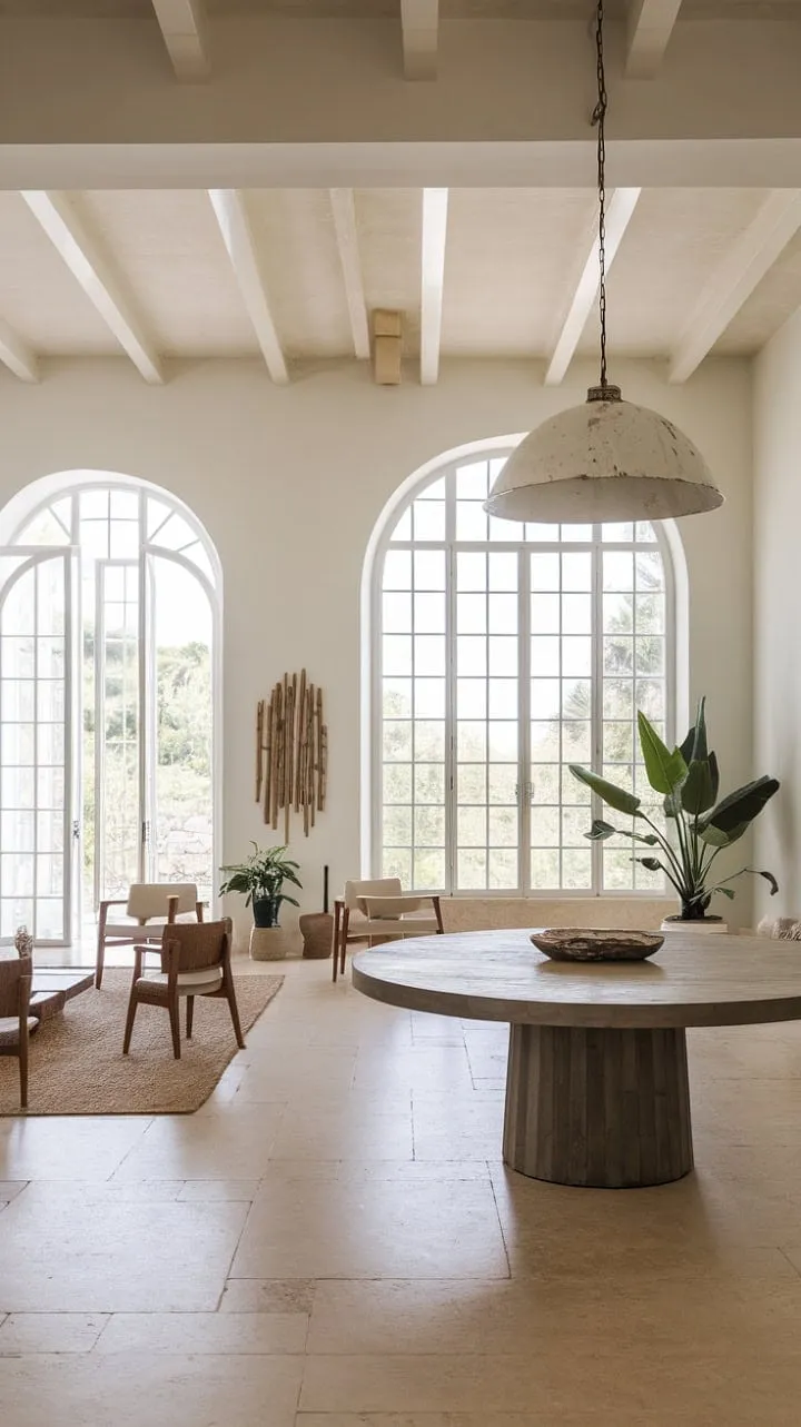 This Mallorca home harmoniously blends modern Mediterranean design with spaciousness and tranquility, featuring a striking round dining table amidst a warm, light-filled ambiance.