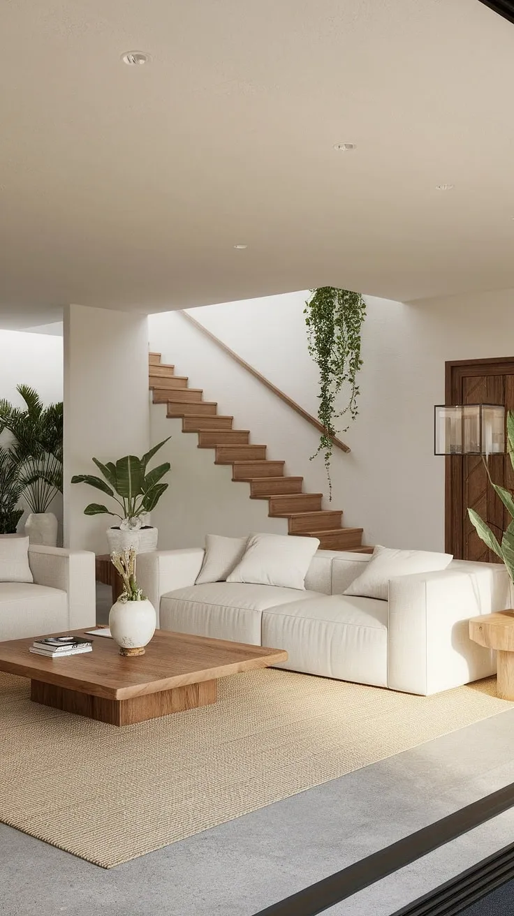 Clean lines and natural materials define this minimalist modern Mediterranean living space.