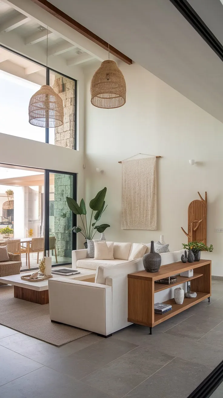 Sunlight streams into a Mallorca living room, highlighting a minimalist white interior and expansive views in this modern Mediterranean home.