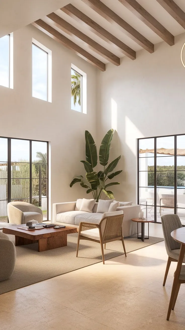 Sunlight streams into a spacious Mallorcan living room, highlighting its airy design and natural materials.