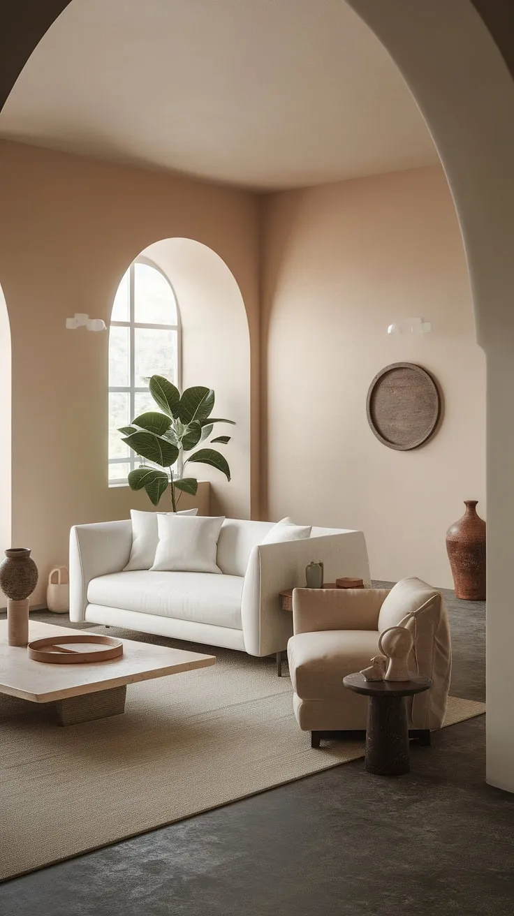 Elegant minimalism defines this Mediterranean living room, showcasing a serene blend of textures and neutral tones.