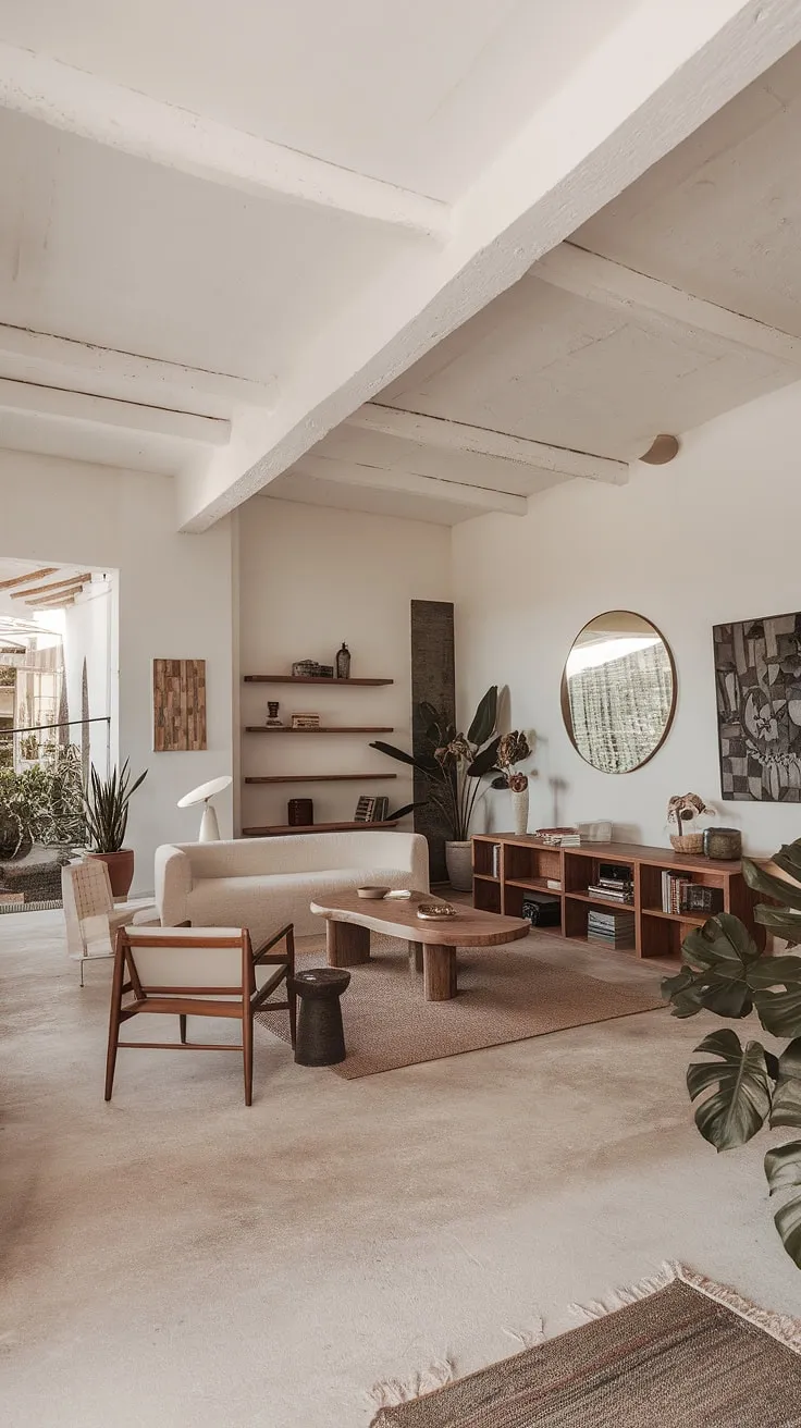 A high-ceilinged Mallorcan living room showcases a blend of minimalist furniture and natural elements against a backdrop of white walls and concrete floors.