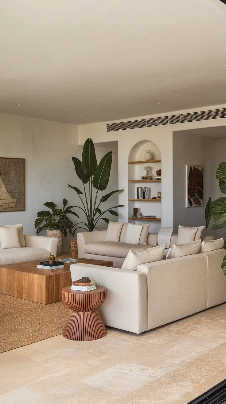 White walls and beige tiles create a serene backdrop for a modern Mediterranean living space infused with Caribbean accents.