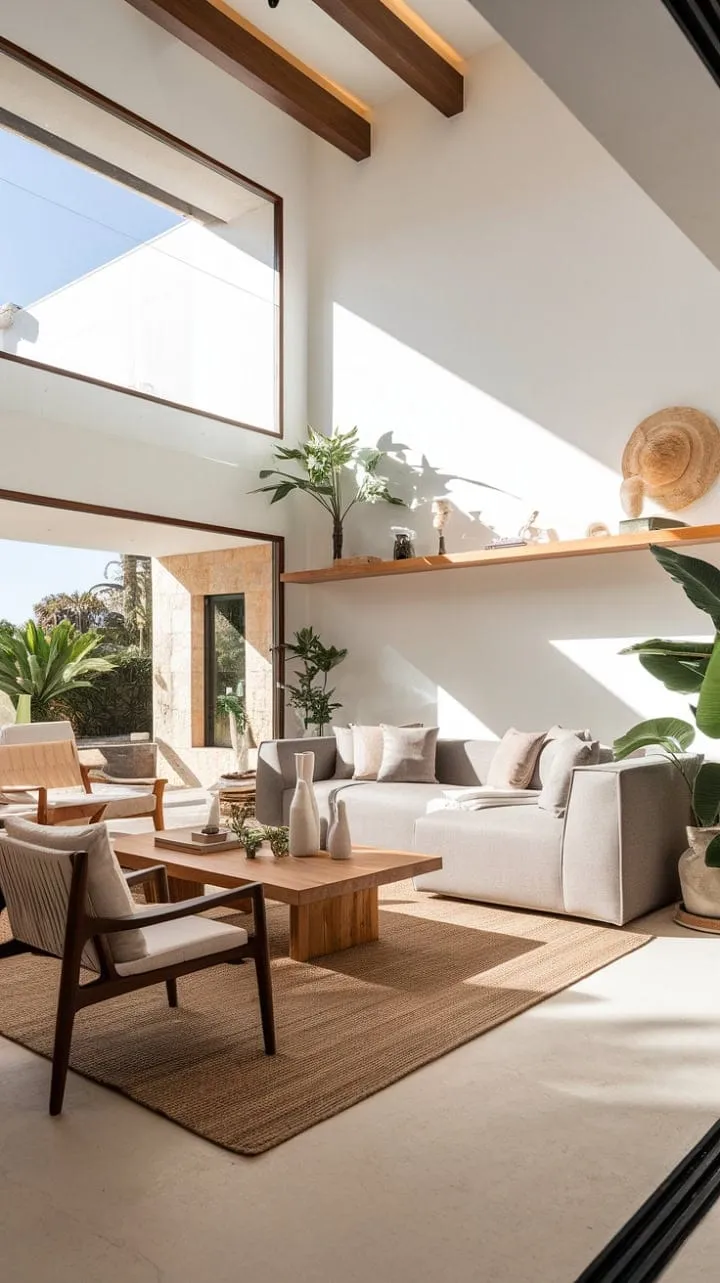 In this sunlit Mallorca retreat, minimalist design and handcrafted wooden details harmonize with lush greenery to create a serene oasis of modern Mediterranean living.