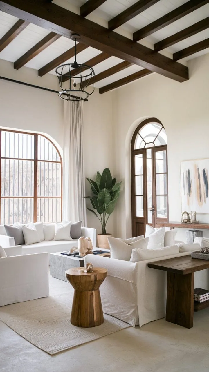 This Mediterranean living room masterfully fuses industrial chic with French Caribbean charm, showcasing a harmonious interplay of airy brightness and warm, vintage character.