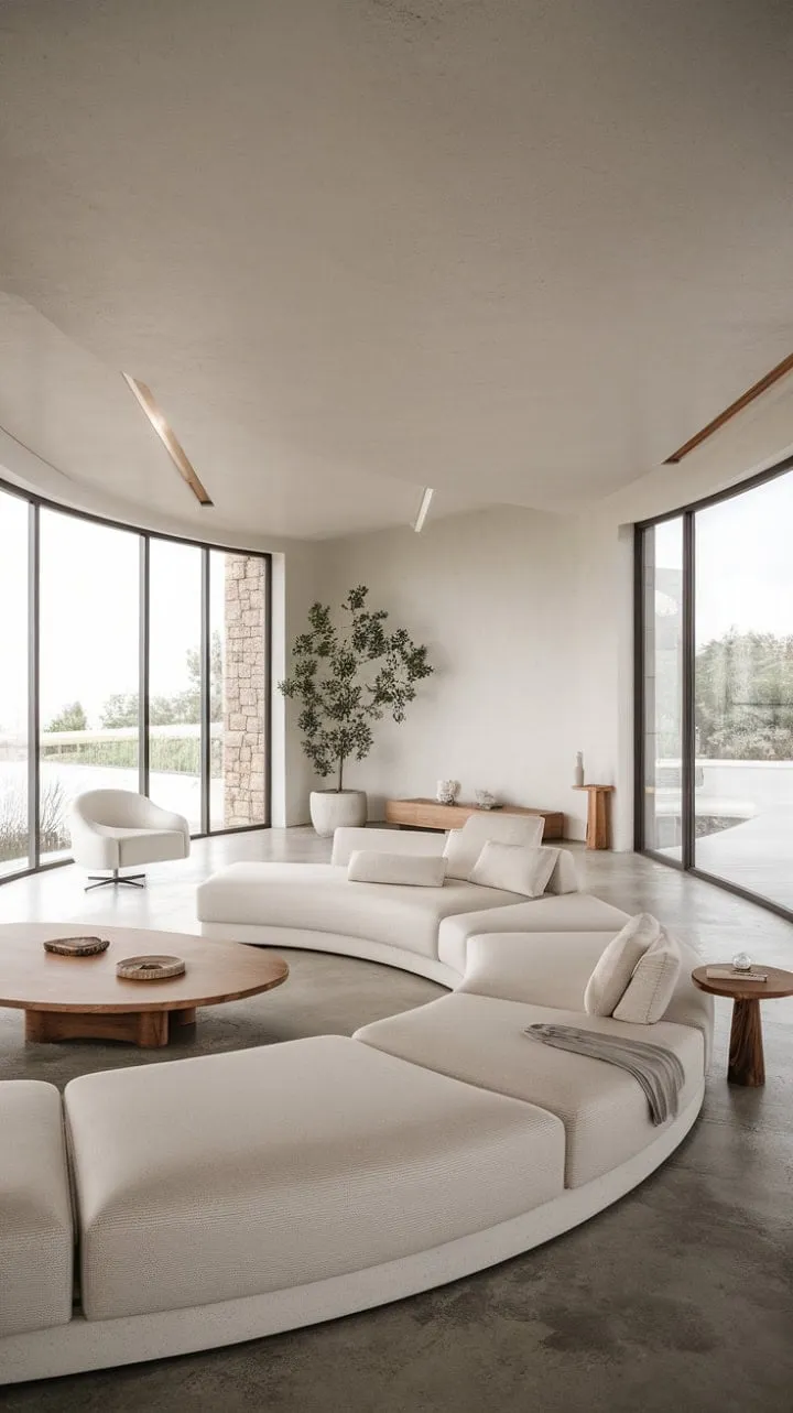 This modern Mediterranean living room exudes understated luxury with its spacious high ceilings, soothing white walls, and a seamless blend of indoor and outdoor elegance.