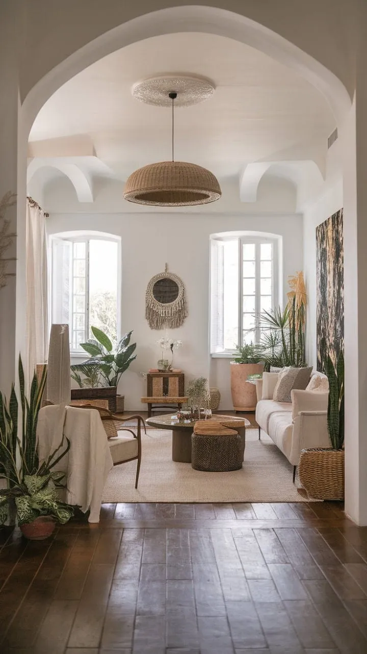 This modern Mediterranean living room beautifully blends rustic charm with industrial flair, creating a tranquil oasis of relaxed elegance enriched by lush greenery and striking architectural details.