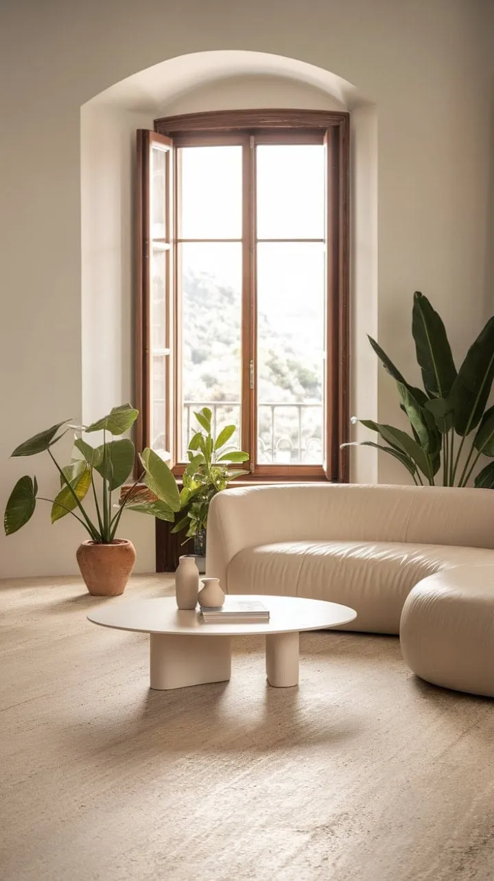 Sunlight dances through the window, highlighting the serene elegance of a minimalist Mediterranean living room where modern design meets effortless charm amidst lush greenery.