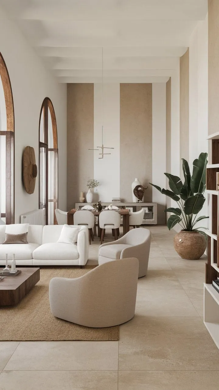 Sunlight dances through wooden-framed windows, casting a warm glow on the minimalist elegance of this modern Mediterranean home, where chic simplicity meets inviting tranquility.