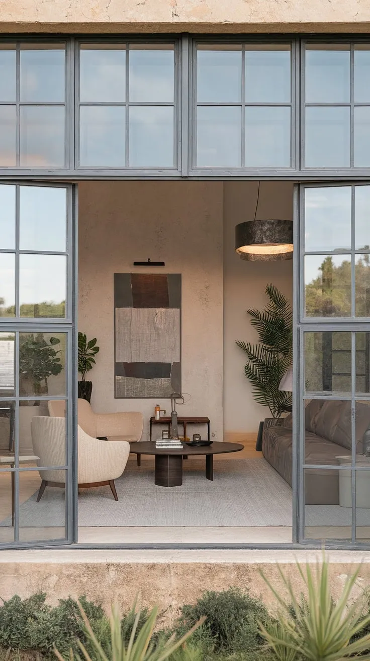 A sun-drenched Mallorca living room exemplifies modern Mediterranean style with its industrial accents and minimalist furniture.