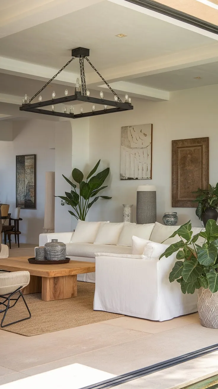 A Mallorca-inspired living room boasts a bright, airy Mediterranean aesthetic with white walls, a wooden coffee table, and an industrial chandelier.