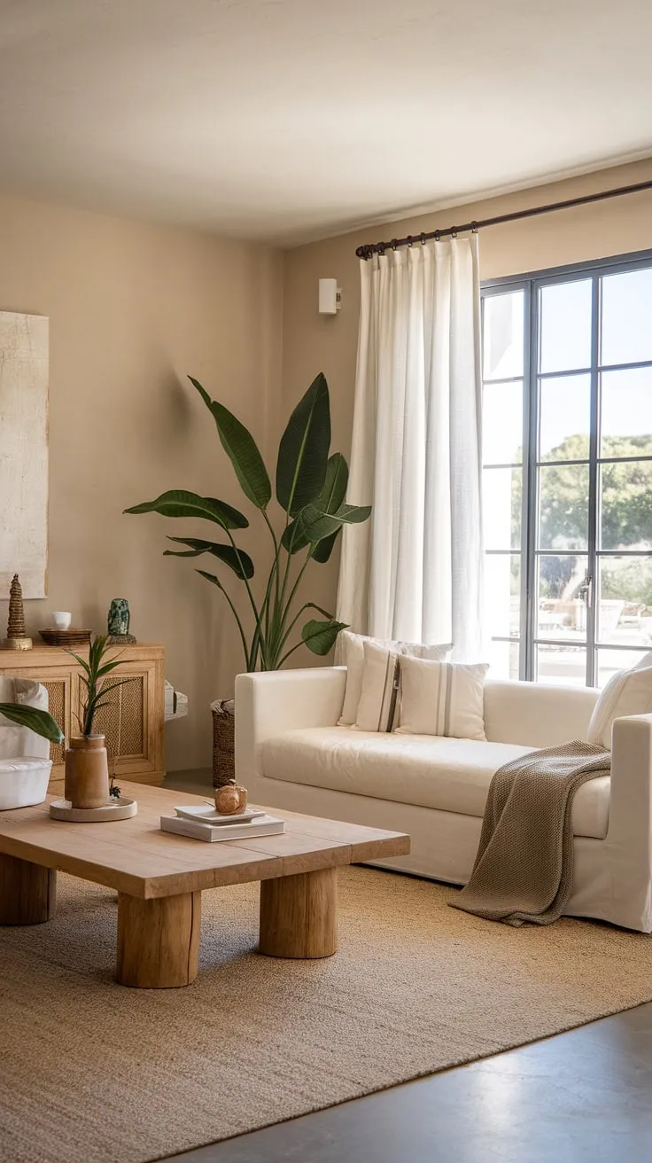 Sunlight floods a minimalist Mediterranean living room blending Mallorca, Southern French, and Caribbean influences.