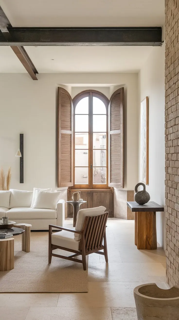 Exposed brick and steel contrast with white walls and beige tile in a modern Mediterranean home.