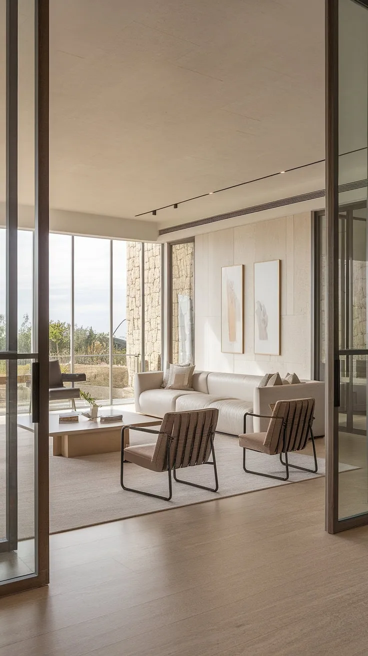 Mallorcan sunlight streams into a minimalist beige and white living room, blending modern and industrial design elements.