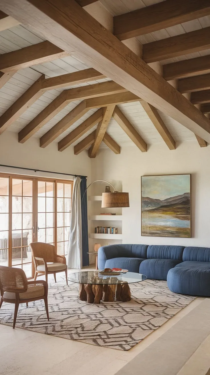 Mallorcan sunlight streams into a modern living room, highlighting exposed beams and comfortable furnishings.