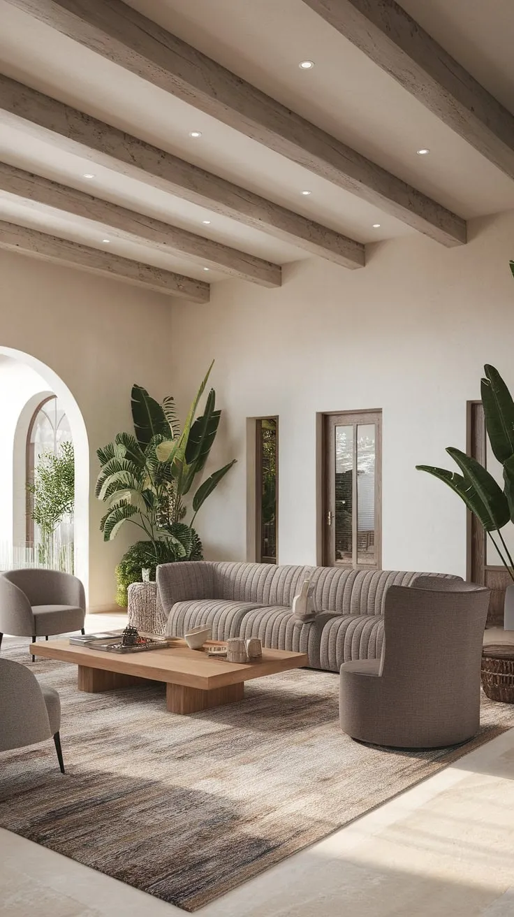 A plush gray sofa anchors the spacious, plant-filled interior of this modern Mediterranean home.