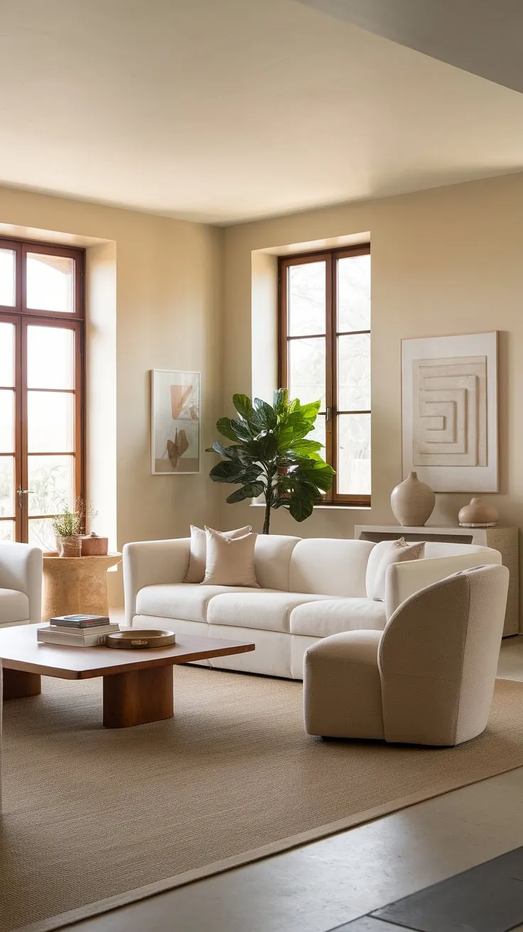 A sunlit Mediterranean living room showcases a serene palette of beige and white, complemented by wooden details and artwork.